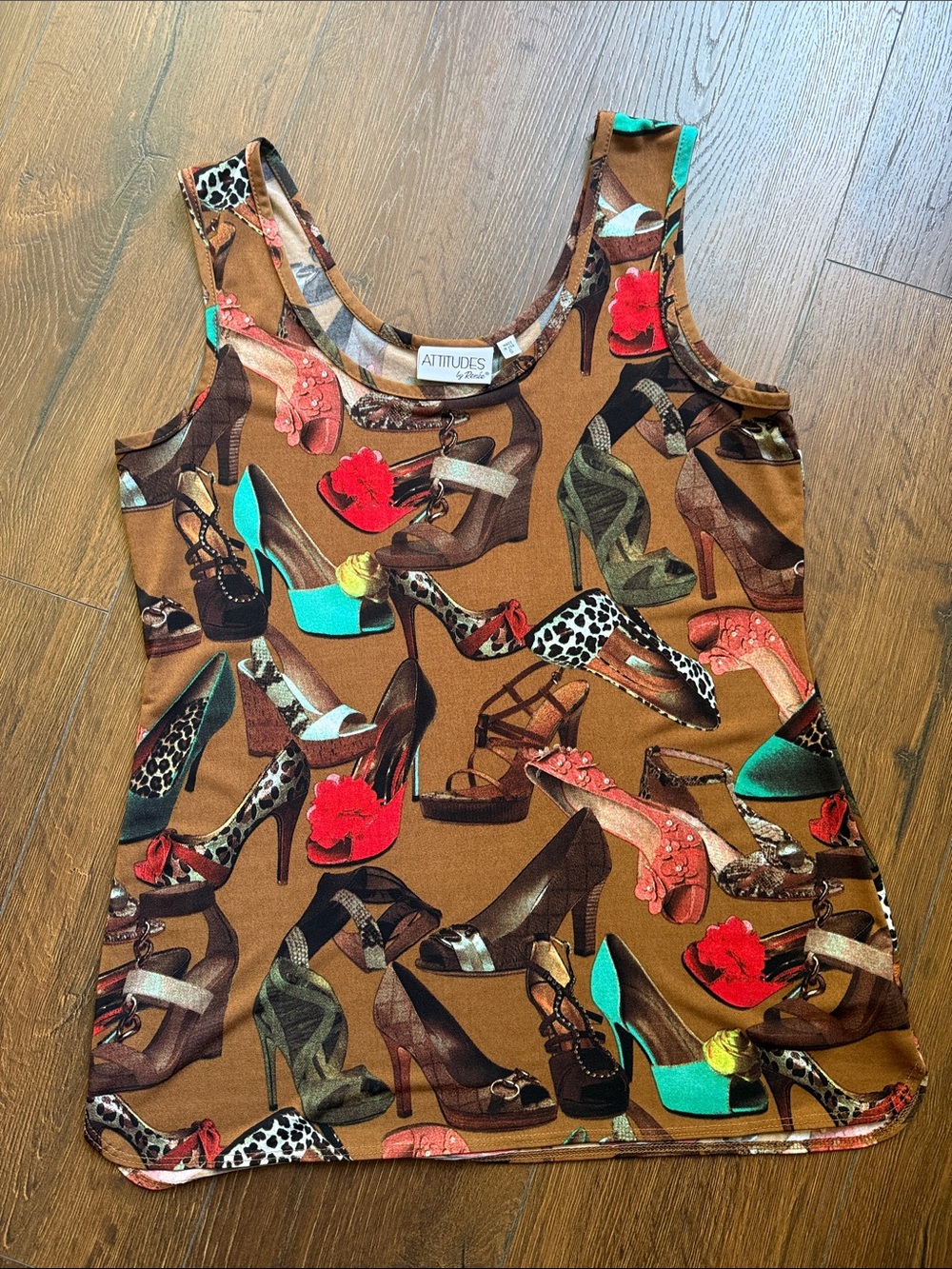 👠 Attitudes by Renee Brown Tank Top with Multicolor High Heels Shoe Print 👠